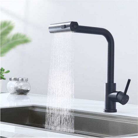 Rubinetto da cucina nero FOREHILL con doccetta estraibile, rubinetto da cucina a 3 getti, miscelatore da cucina girevole a 360°, miscelatore da cucina caldo e freddo, miscelatore per lavello in acciai