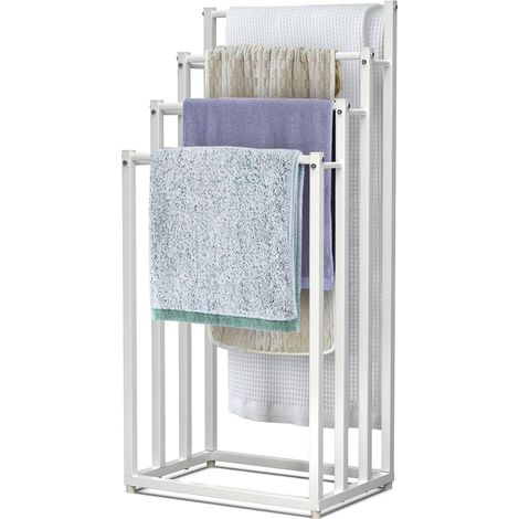 Porte-Serviettes autoportant sur Pied Support à 4 Niveaux en Métal Rangement Stable pour Serviettes de Bain et Accessoires à Côté de la Douche Baignoire ou Lavabo Blanc (1/5)