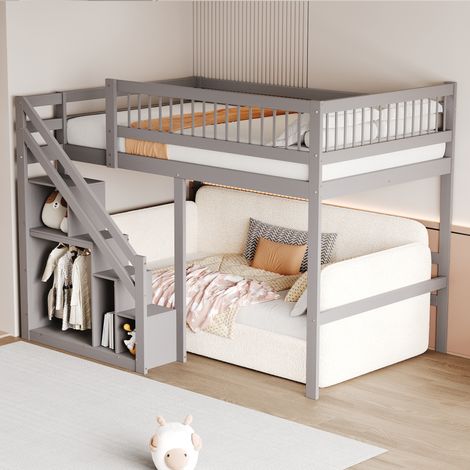 Hochbett 140 x 200 cm, Doppelbett mit Stauraumtreppe und Hohem Gelaender, ohne Matratze, Grau