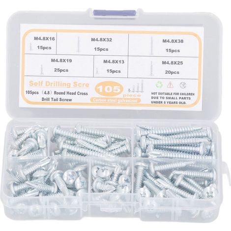 105 Vis à bois autoforeuses tête ronde cruciforme en acier au carbone, lot de 105 pièces avec boîte de rangement (1/5)