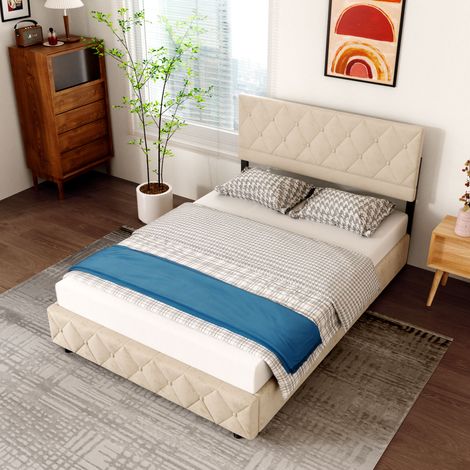 Cama 140x200 cm Tapizada Terciopelo Beige, Diseño Moderno Atemporal, Estructura Estable con Listones de Madera, Capacidad 250 kg - Confort Óptimo (1/5)