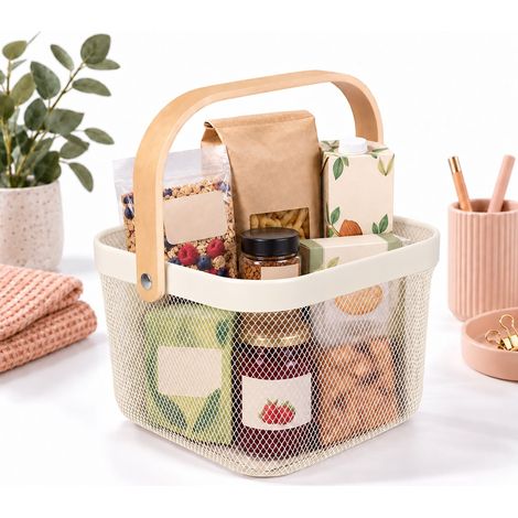 Relaxdays Cesto portaoggetti con manici, acciaio e legno, per vestiti e decorazioni, 17,5x26x24,5 cm, vari colori (1/5)