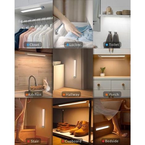 Lampe LED Rechargeable pour Placard avec Détecteur de Mouvement 3 Modes 3 Couleurs Réglable Sans Fil pour Cuisine Armoire Sous-Meuble (1/5)