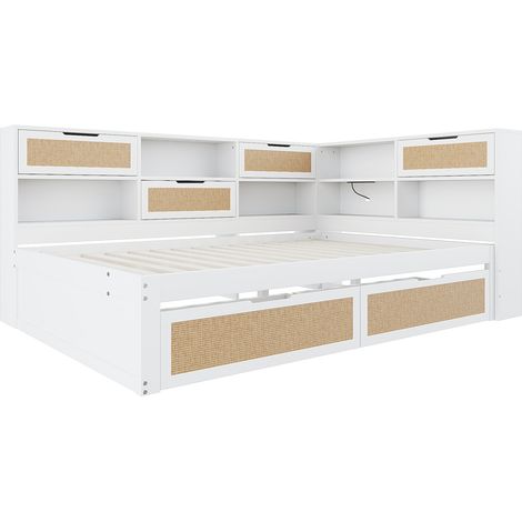Canapé-lit en bois massif 140x200 cm avec tiroir, lit enfant multifonction avec nombreux rangements et port de charge, blanc, gain de place et design pratique (1/5)