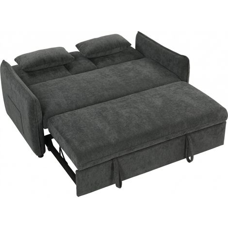 Canapé-lit 3 en 1 2 places avec dossier réglable 3 positions et 2 coussins, chenille, gris foncé (1/5)
