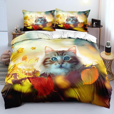 Bettwäsche-Set 220x240cm mit 2 Kissenbezügen 80x80cm, Mikrofaser, 3D Katze, Weiß