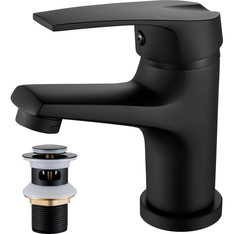 Mitigeur Lavabo Salle de Bain Noir, Robinet Lavabo Salle de Bain Monocommande, Robinet Lave-Mains pour Évier, Robinets de lavabo à en Céramique, Corps en Laiton, Noir, G3/8 (1/5)