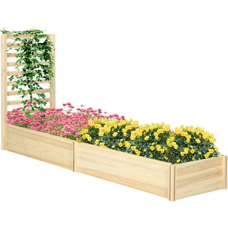 Outsunny Letto per Orto Rialzato da Esterno con Spalliera e 2 Fondo Aperto, Fioriera con Traliccio per Piante Rampicanti in Legno di Abete, per Piante, Fiori, 230x60x110 cm, Color Legno
