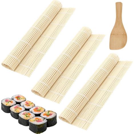 3er Set Bambus Sushi Rollmatten mit Reislöffel, Kleberfrei (1/4)