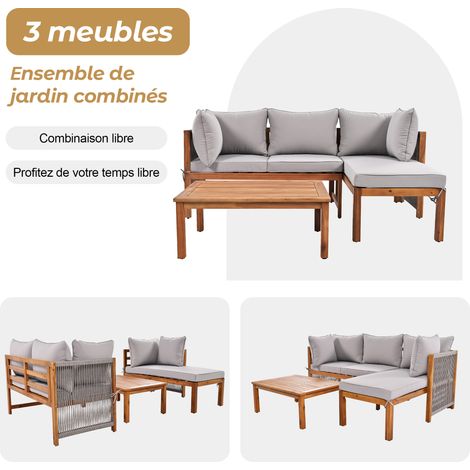 Set de chaises de jardin (3 pièces), cadre en acacia, dossiers en corde grise. Set de meubles de jardin en forme de L, avec pieds réglables. 2 chaises et 1 table. Nom du produit précédent : HW24015AAA (1/5)