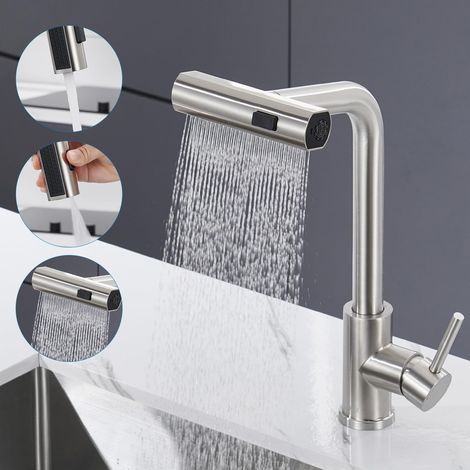 Rubinetto da cucina con doccetta estraibile, miscelatore a cascata con 3 modalità di getto, rubinetto per lavello in acciaio inox girevole a 360°, finitura spazzolata. (1/5)