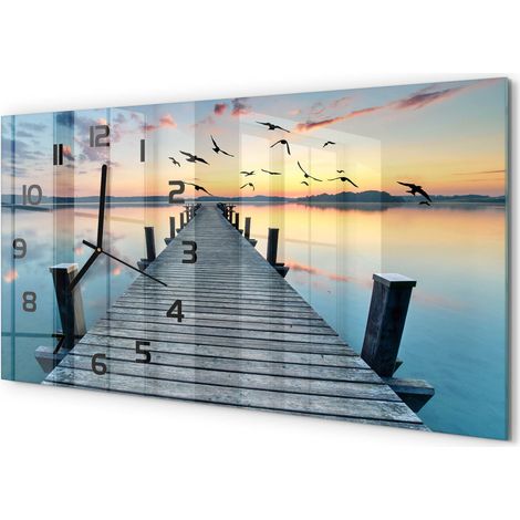Horloge Murale Panoramique Moderne 60x30 cm Verre Trempé Sans Tic-Tac Pont en bois (1/5)