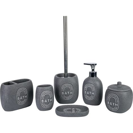 axentia Set Bagno da 6 Pezzi in poliresina Bath, portasapone, portaspazzolino, Bicchiere, scopino, Dispenser Sapone, Porta battufolo di Cotone, Grigio (1/5)