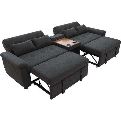 Canapé-lit d'angle en chenille avec double couchage, table basse intégrée avec porte-gobelets, gris foncé, 284×138×89 cm (1/5)