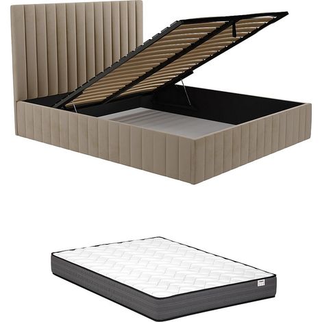 Lit coffre 160 x 200 cm avec tête de lit coutures verticales - Velours - Taupe + Matelas - LARALI de Pascal Morabito