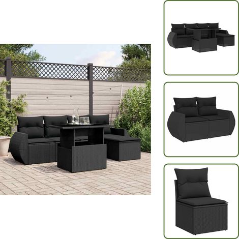 The Living Store Salon de jardin 6 pcs avec coussins noir résine tressée - Ensemble Salon De Jardin - Meuble Extérieur - Jardin Design - Mobilier De Jardin - Set Salon De Jardin (1/5)