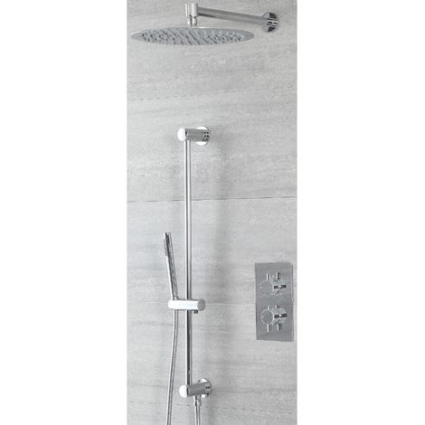 Milano Mirage 2 Outlet Twin Diverter Thermostatic Mixer Shower Valve with 300mm Wall Mounted Round Rainfall Shower Head and Hand Shower Handset Slide Rail Bar Kit - Chrome (1/4)