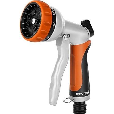 Gartenspritze, Metall-Sprühschlauch, 7 Strahlarten mit einstellbarem Wasserdurchfluss für Auto- und Gartenwäsche, Pflanzenbewässerung und Rasenpflege – Orange – (1/5)