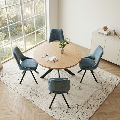 Ensemble de table à manger ronde, plateau rond en MDF finition chêne de 115 cm pour salle à manger et cuisine (4 chaises, flanelle, bleu)