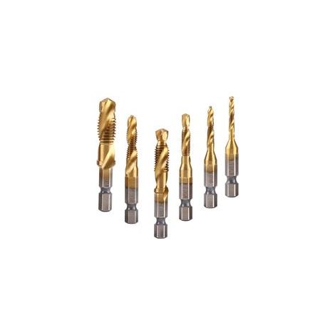 6pcs Set Forets taraudés, Tarauds et filières, M3 M10 Foret Taraudeur, tige hex revêtue de Acier rapide pour en aluminium mince cuivre plastique bois ensemble
