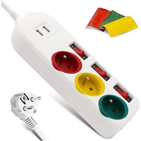 Multiprise 3 prises colorées, 2 USB, interrupteurs (1/4)
