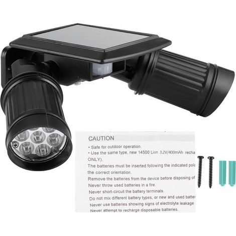 Lumière solaire d'extérieur 14LED orientable double tête, spot mural avec détecteur de mouvement, projecteur de sécurité pour terrasse et jardin, étanche (1/3)