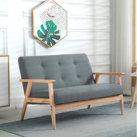 Sofá compacto de 2 plazas en lino y madera de caucho, gris oscuro, 115 x 66,5 x 73 cm OKMYHOME (1/5)