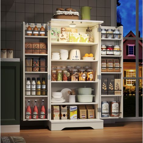 Credenza da cucina in MDF bianco 120x60x40 cm con 2 ante, ripiano regolabile, vani su anta e luce LED con sensore (1/5)