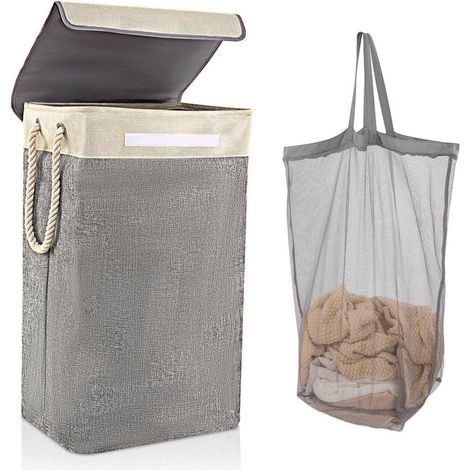 Wäschekorb Zusammenklappbar Wäschesack Beige Grau mit Deckel 84L (1/5)