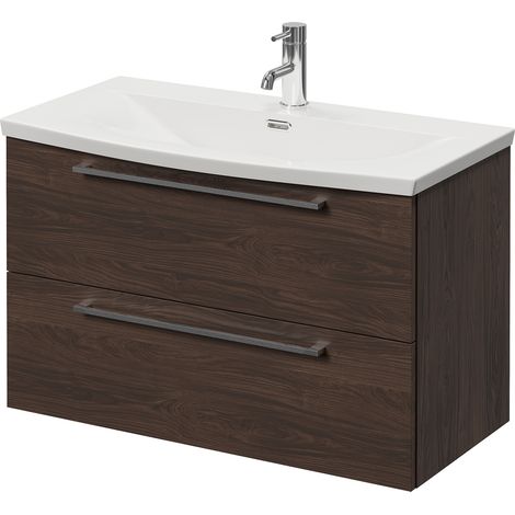 Napoli 390 Brown Oak 800mm Wall Mounted 2 Drawer Vanity Unit with Arc Basin - 800mm - Chrome 480mm Handle