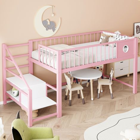 Niedriges Hochbett 90x200 cm aus Metall in Rosa mit Stauraumleiter