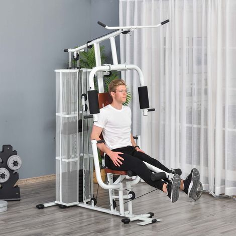Kraftstation Fitnessstation Fitnessgerät Multifunktion Krafttraining Multistation Trainingsstation mit Latzug Butterflystange 45kg Gewichten Seil, Fitnessgeräte für Zuhause Weiß