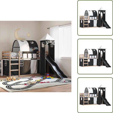 The Living Store Lit superposé sans matelas avec toboggan blanc noir 90x190 cm - Lit Superpose - Lit Mezzanine - Lit Enfant - Lit Design - Mobilier Enfant