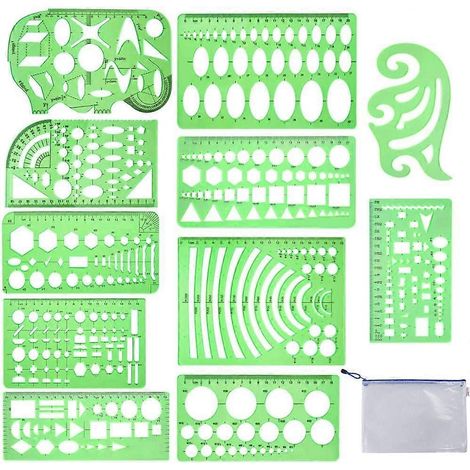 11 gabarits de dessin géométrique en plastique transparent vert, avec matrice de découpe et règle de mesure. (1/5)