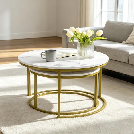 Table basse gigogne ronde 2 pièces Ø 74/59 cm acier et panneau, blanc doré, gain de place – MEUBLIV (1/5)