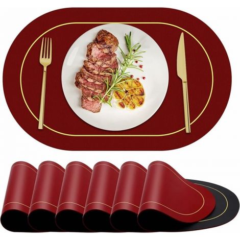 Set of 6 Bordeaux Washable Leather Oval Placemats Coasters Table Decoration (1/5)