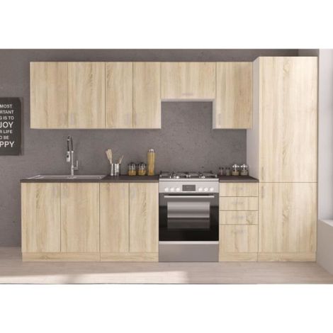 SARA Cuisine complete modulable - 8 éléments - Décor chene sonoma - L 300 cm - Plan de travail non inclus (1/5)