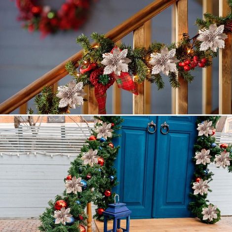 Déco Noël 10 pièces Fleurs Poinsettia Pailletées Artificielles Réutilisables Ornement Fête (1/3)