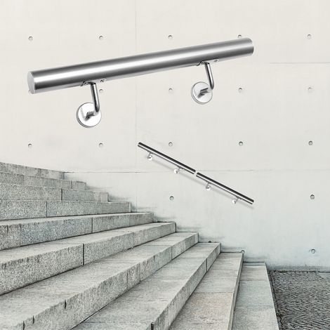 Randaco Edelstahl Handlauf Geländer Querstab halter Wandhandlauf rund Ttreppengeländer Griff mit 2 Halterung, silber, innen & außen, 140cm