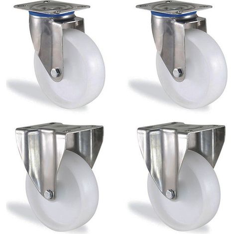 Lot roulettes pivotante et fixe inox polypropylène diamètre 150mm charge 540kg