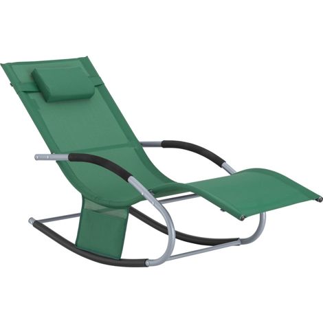 SoBuy Sun Lounger Garden Chair Recliner with Cushioned Pillow & Side Pocket Garden Rocking Chair with Steel Frame Outdoor Furniture for Patio Poolside Dark Green OGS28-WD