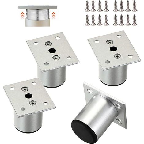 Lot de 4 pieds de meubles de 4 cm, réglables en alliage d'aluminium, pieds ronds en métal, pieds réglables pour canapé, armoire, étagères avec 16 vis (couleurs aluminium) (1/5)