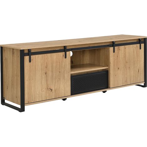 Meuble TV avec 2 portes coulissantes, 1 tiroir et 1 niche en MDF et métal noir - Naturel - BELINARO (1/5)