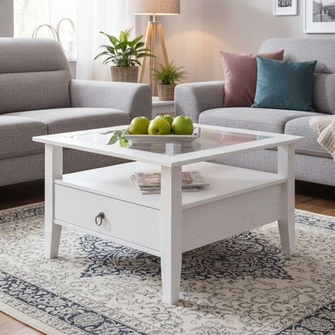 Couchtisch Tiglieto, eine Schublade, ein Fach, quadratisch, 75x75x45h cm, Weiß (1/5)