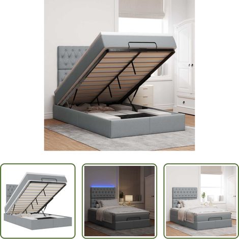 vidaXL LED-Beleuchtung - Ottoman-Bett mit Matratze & LEDs Hellgrau 120x200 cm Stoff (1/5)