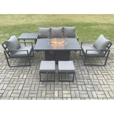Fimous Aluminium Patio Outdoor Garden Furniture Lounge Sofa Set Gas Fire Pit Dining Table with Side Table 2 Small Footstools Dark Grey (1/5)