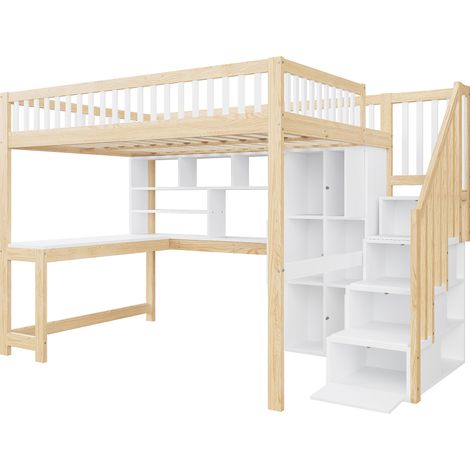 Lit mezzanine 140x200 cm blanc et naturel avec led, bureau, étagères et rangements