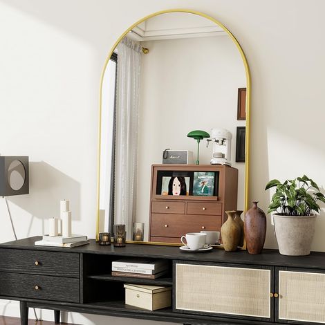 Miroir mural en arc avec dorure, 75x100 cm - Cadre en alliage d'aluminium résistant aux chocs - Miroir de salle de bain - Montage mural et miroir mural en arc fiable, adapté pour la chambre (1/5)