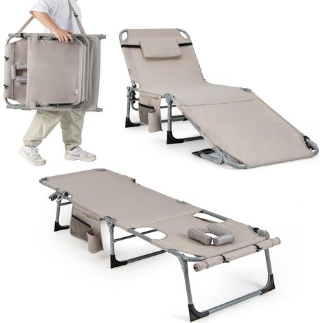 COSTWAY Bain de Soleil en Aluminium avec Dossier Réglable, Chaise Longue Pliante avec Oreiller Amovible et Trou pour Le Visage, Transat avec Poche Latérale, pour Jardin, Plage, Charge 180 KG (Beige) (1/5)