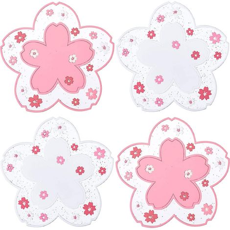 Sous-verre - PVC - Fleur de cerisier - 11,5 x 11,5 cm / 16 x 16 cm / 20 x 20 cm - Protection isolante anti-dérapage pour tasses café bière thé - 4 pièces (1/5)